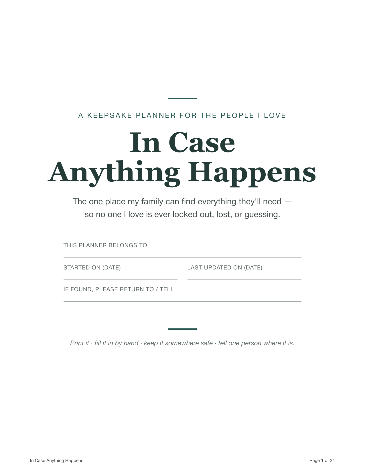 The planner cover — In Case Anything Happens