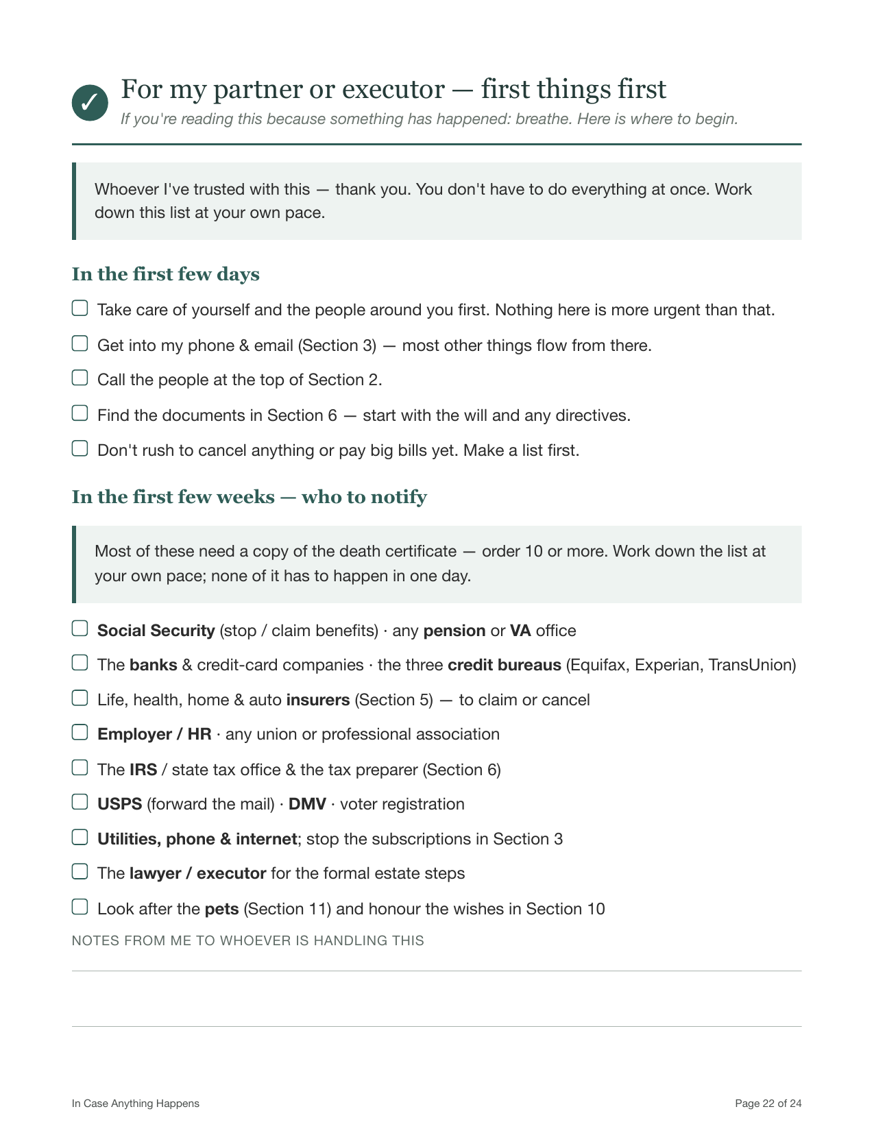 Inside the planner — a step-by-step checklist of who your family should call in the first two weeks
